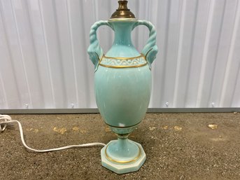 Blue Pottery Urn Shaped Lamp With Faces On The Handles