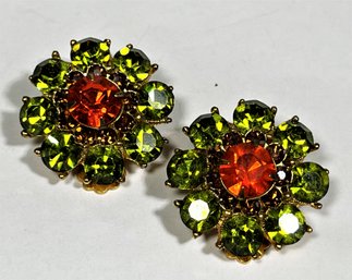 Vintage Green And Orange Rhinestone Earrings Ear Clips