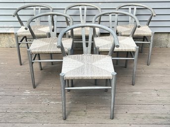 Stunning Set Of 6 Crate And Barrel Crescent Weathered Grey Wood Wishbone Dining Chairs, Paid $450 Each