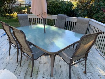 Large Outdoor Table W/10 Chairs, Umbrella & Base