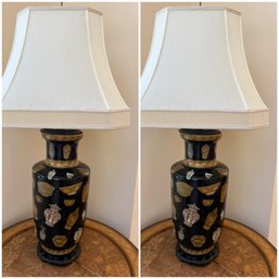 Pair Of Chinese Style Black Ground Porcelain Vase Table Lamps