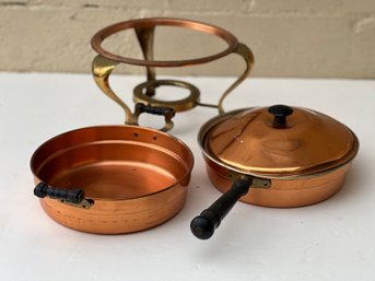 Copper Warming Dish, Brass Stand & Brass Pot