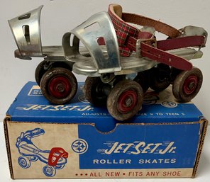 Vintage Globe Jet Set Jr Roller Skates In Box - Child Size 9-teen 5 - Tartan Cushion Leather Straps - Keyless