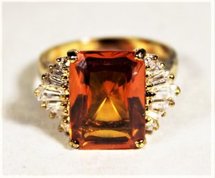 Gold Over Sterling Silver Fancy Gemstone Ladies Ring Having Amber/orange Stone Size 7