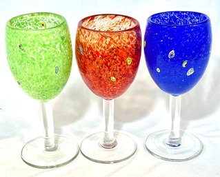 Trio Of Heavy Weighted Art Glass Wine Glasses