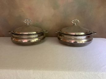 Mid Century Silver Plated Casserole Serving Lidded Bowls With Anchor Hocking Glass Inserts