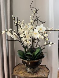 Large Faux Orchid Flower Arrangement In Ceramic Bowl