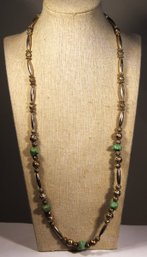 Southwestern Silver And Turquoise Beaded Necklace 26' Long