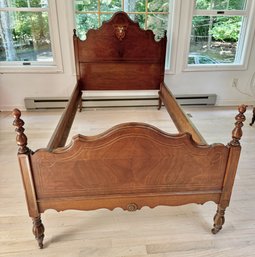 Antique Wood Bed With Scrolled And Painted Details.