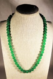 Very Fine Jade Jadeite Beaded Necklace Having Large Sterling Clasp With White Stones