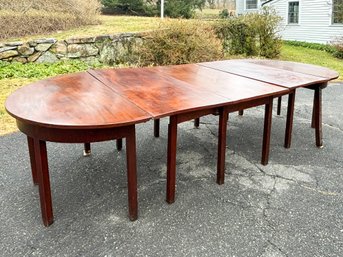 Large Antique American Federal Mahogany Dining Table -Two Half Rounds And One Drop Leaf