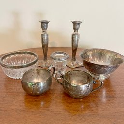 A Silver Plate Table Top Collection - Candlesticks - Small Bowls - Cream & Sugar - Crystal Cigarette Holder