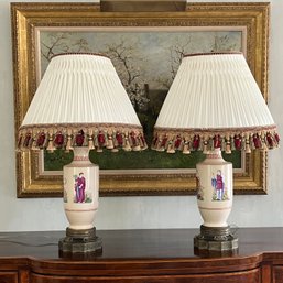 A Pair Of 1920's Grecian Form Lamps With Elaborate Custom Shades