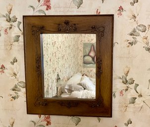 Antique Oak Wall Mirror With Foliate Raised Rose Details