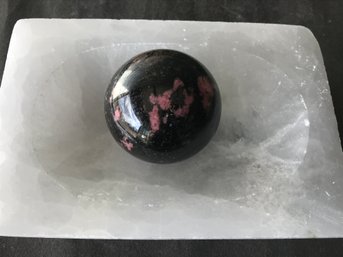 Selenite Crystal Bowl With Gem Stone Sphere , Crystal Bowl 3 LB 6 Oz, Rhodonite Sphere 1 LB