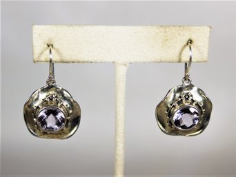 Signed Hagit Gorali Israel Sterling Silver Modernist Earrings Having Amethyst Stones