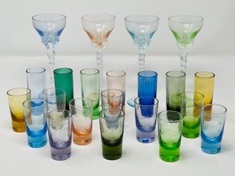 Set Of 4 Hand Blown Multicolored Twisted Stem Cordial Glasses And 18 Colorful Shot Glasses