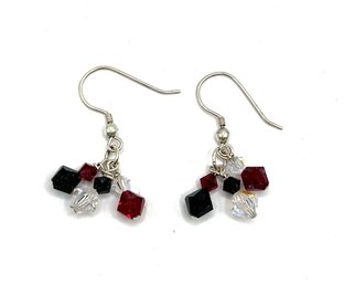 Sterling Silver Red Black And White Beaded Dangle Earrings