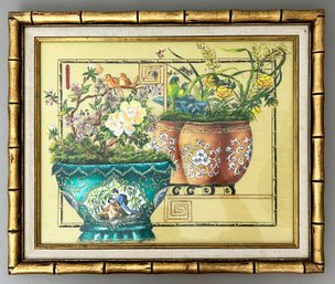 An Original Chinese Painting On Silk Panel In Faux Bamboo Frame