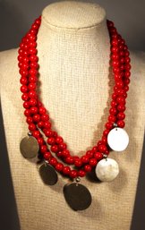 Fine Sterling Silver Coral COLORED Glass Beads Coin Necklace