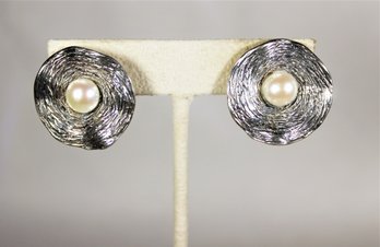 Pair Signed Hagit Gorali Sterling Silver Israel Modernist Earrings Having Cultured Pearls