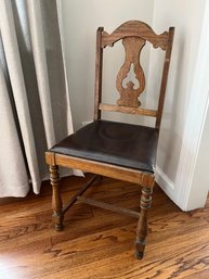 Early 20th Century Vintage Solid Wood Chair With Leather Seat