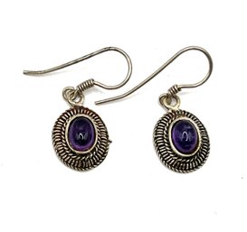 Vintage Sterling Silver Purple Agate Stone Dangle Earrings