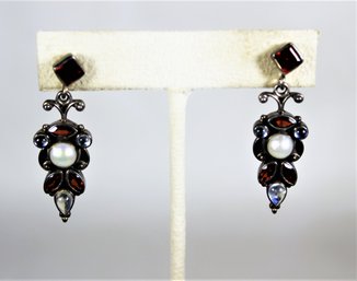 Signed Nicky Butler Sterling Silver Moonstone, Garnet & Pearl Pierced Earrings