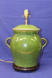 Vintage Olive Green Ginger Jar With Applied Handles & No Shade