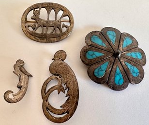 4 Vintage Pins: Mexican Sterling With Turquoise, Metropolitan Museum Of Art & Set Of Guatemalan Birds