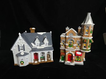 Department 56 Snow Village Gothic Farmhouse & Jack's Corner Barber Shop With Boxes