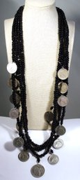 Black Onyx Stone Beaded Necklace Having Genuine US Silver Coins