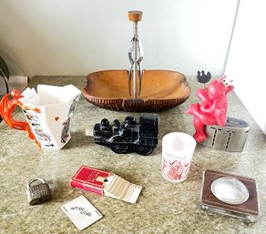 Miscellaneous Retro Items-Royal Bayreuth Devil & Cards Pitcher, The Traveling Teller, Wood Nut Dish & Others