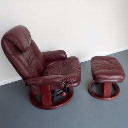 Ekornes Style Maroon Vinyl Lounge Chair & Ottoman