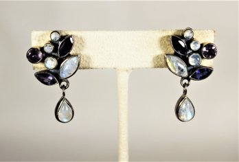 Signed Nicky Butler Sterling Silver Moonstone & Garnet Clip Earrings