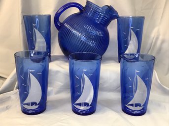 Great Lot Of Cobalt Blue Glassware - 5 Sailboat Glasses - 11 Dessert Cups - Pitcher & 5 Juice Glasses !