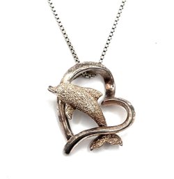 Vintage Italian Sterling Silver Chain With Heart Shaped Dolphin Pendant