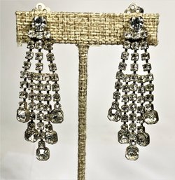 Pair Vintage Fancy White Rhinestone Drop Clip Earrings