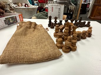 Vintage Wood Chess Pieces In Burlap Bag
