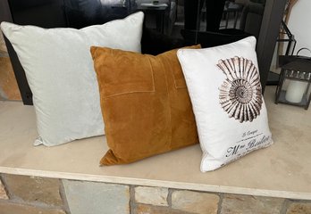 3 Piece Assorted Down Filled Decorative Throw Pillows- Suede, Leather & Cotton