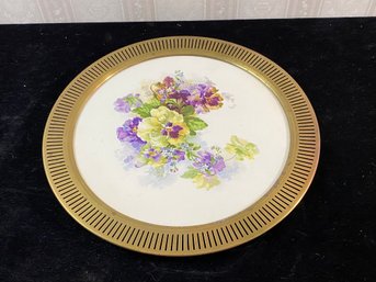 Vintage Tray With Pansies And Brass Frame