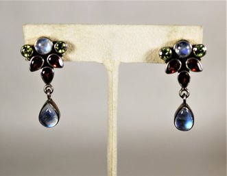 Fine Signed Nicky Butler Sterling Silver Peridot, Moonstone And Garnet Earrings