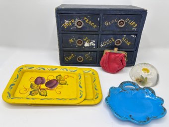 1940s Wood & Tin Family Bank With Labeled Drawers, Small Trays, Pressed Daisy Paperweight & Coin Purse