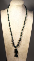 Beaded Necklace Having Polished Stone Fish Form Pendant 20' Long