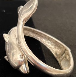 Vintage 925 Solid Sterling Silver Dolphin Bracelet Spring Hinged - Heavy - 2 Inch Diameter Interior X 2 Wide