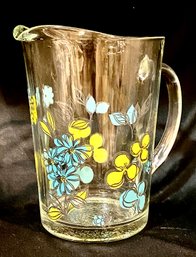 Vintage MCM Heavy Clear Glass Pitcher W/ Aqua And Lime Green Flowers