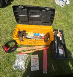 Tool Box- Screw Drivers, Chain Saw Chains & Covers, Measuring Tape, Brushes, Stihl Oilomatic 3, Homelite More