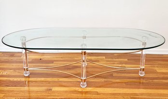 A Vintage Lucite And Brass Coffee Table With Thick Glass Top - C. 1970's