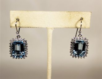 Fine Sterling Silver Blue Topaz White Stone Pierced Earrings Ear Pendants