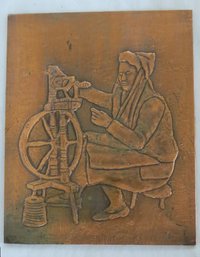 Hand Crafted Copper  Wall Art Of A Woman Spinning  Thread Or Yarn